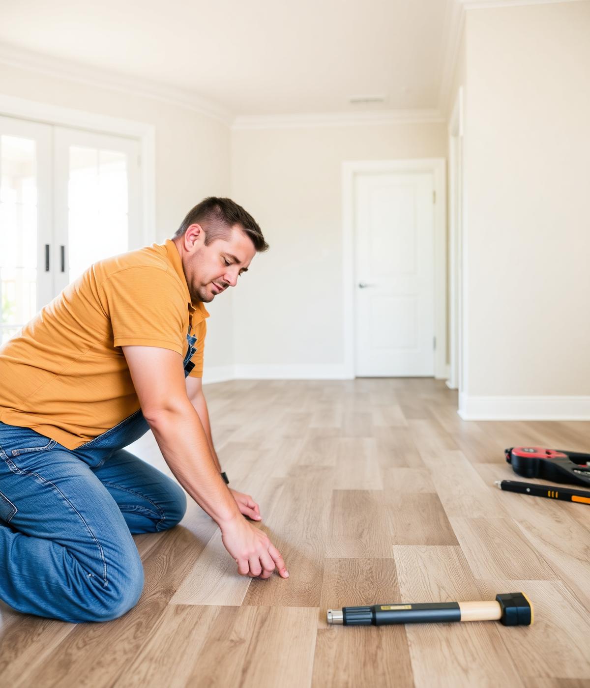 USA Floors installer fitting luxury vinyl plank flooring in a Georgia home